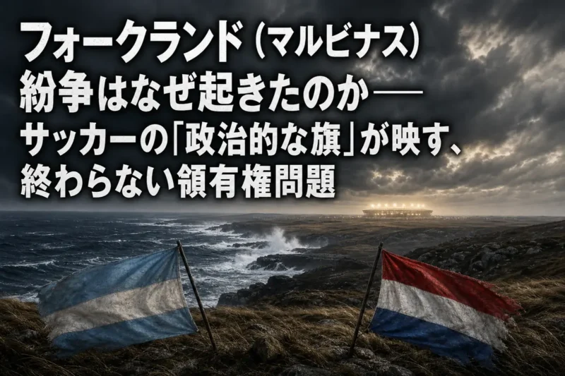 風の強いフォークランド諸島の海岸と遠景のスタジアムを描いたイメージ。