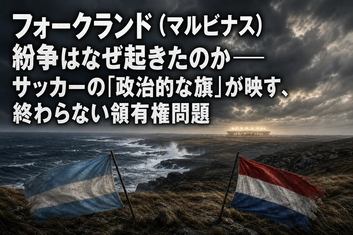 風の強いフォークランド諸島の海岸と遠景のスタジアムを描いたイメージ。