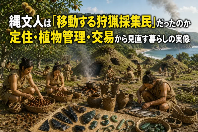 森と海の資源を利用する縄文時代の定住集落の想像図。