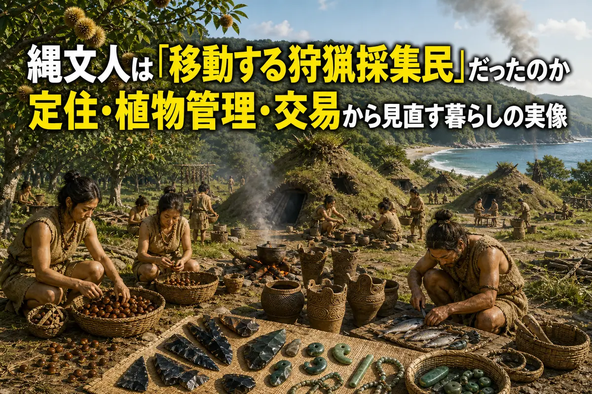 森と海の資源を利用する縄文時代の定住集落の想像図。