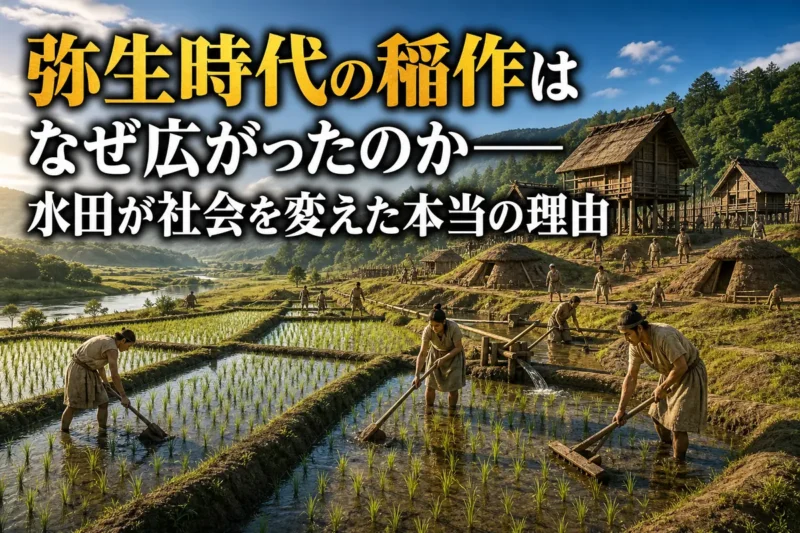 水田と高床倉庫が広がる弥生時代の農耕集落の復元風景。