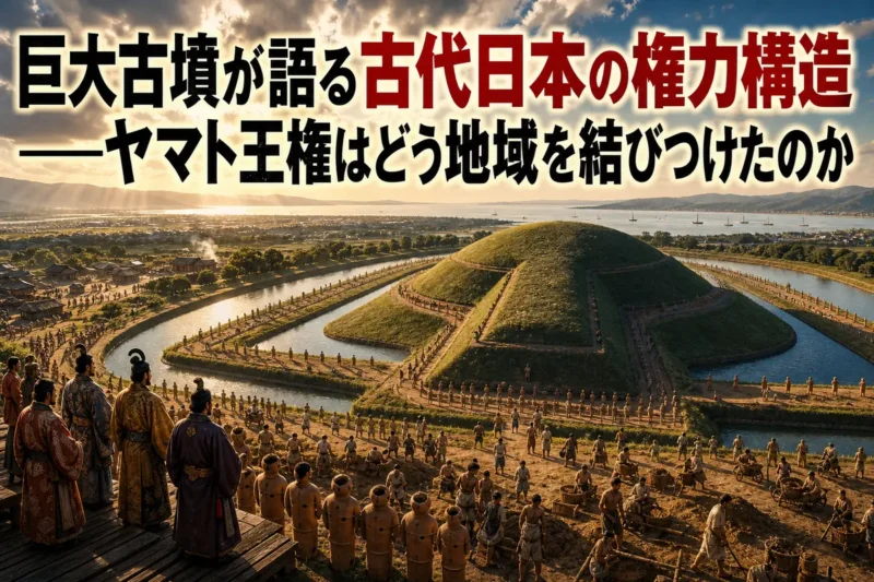巨大な前方後円墳と、その築造に集う古墳時代の人々を描いた復元風景。