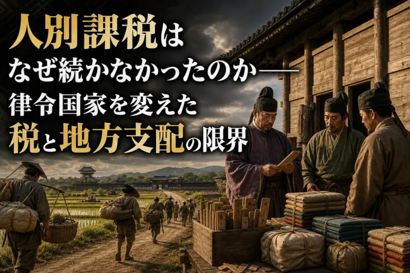 古代日本の地方官衙で税の記録と貢納品を確認する役人たち。
