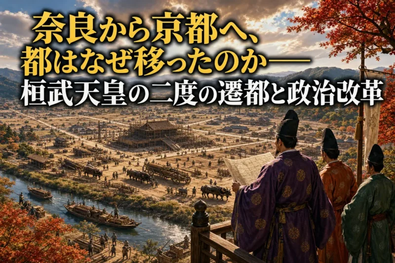 平城京から長岡京、平安京へと続く古代の遷都を表した歴史画。
