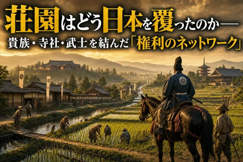 中世日本の荘園で、水田と農民、武士、遠方の寺社や貴族の拠点が結びつく様子。