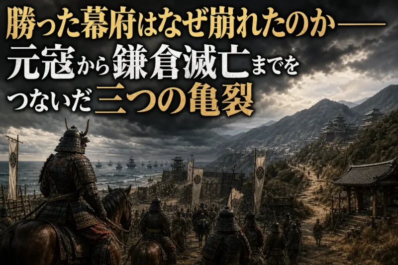 元寇後の重い負担と鎌倉幕府の揺らぎを象徴する中世武士の情景。