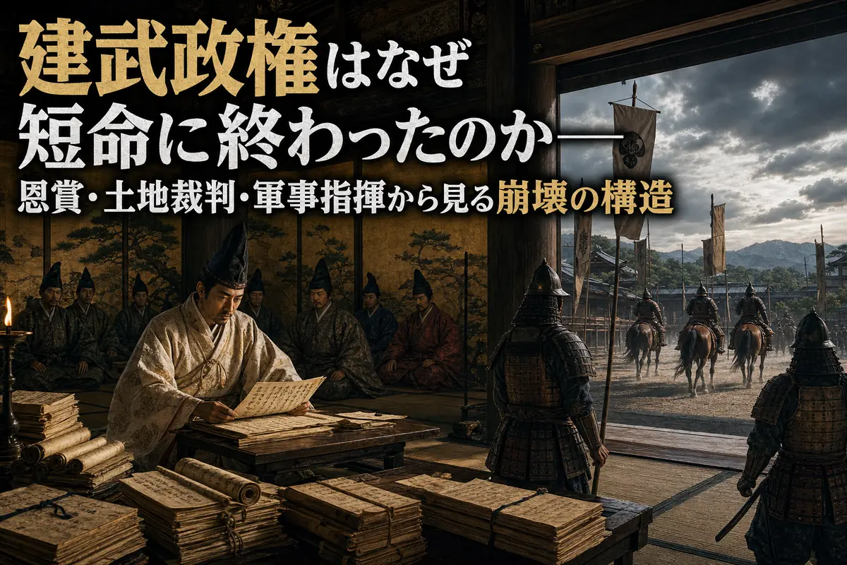 土地訴訟を裁く朝廷と出陣する武士が対照的に描かれた建武政権の情景。