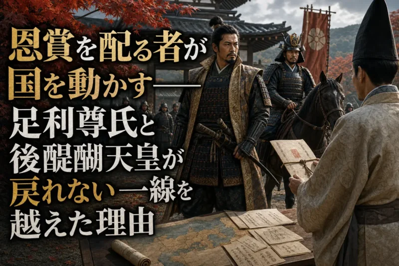 鎌倉で武士団と朝廷の使者が対峙する南北朝動乱前夜のイメージ。