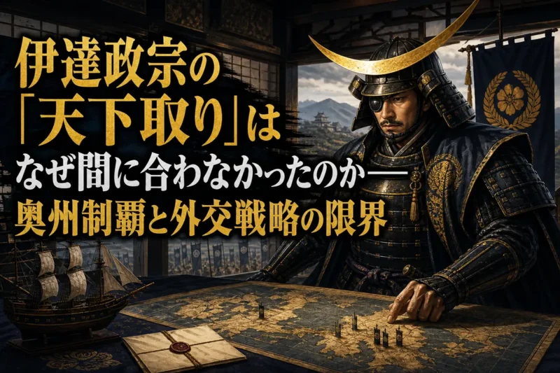 奥州の地図と外交文書を前に戦略を練る伊達政宗。