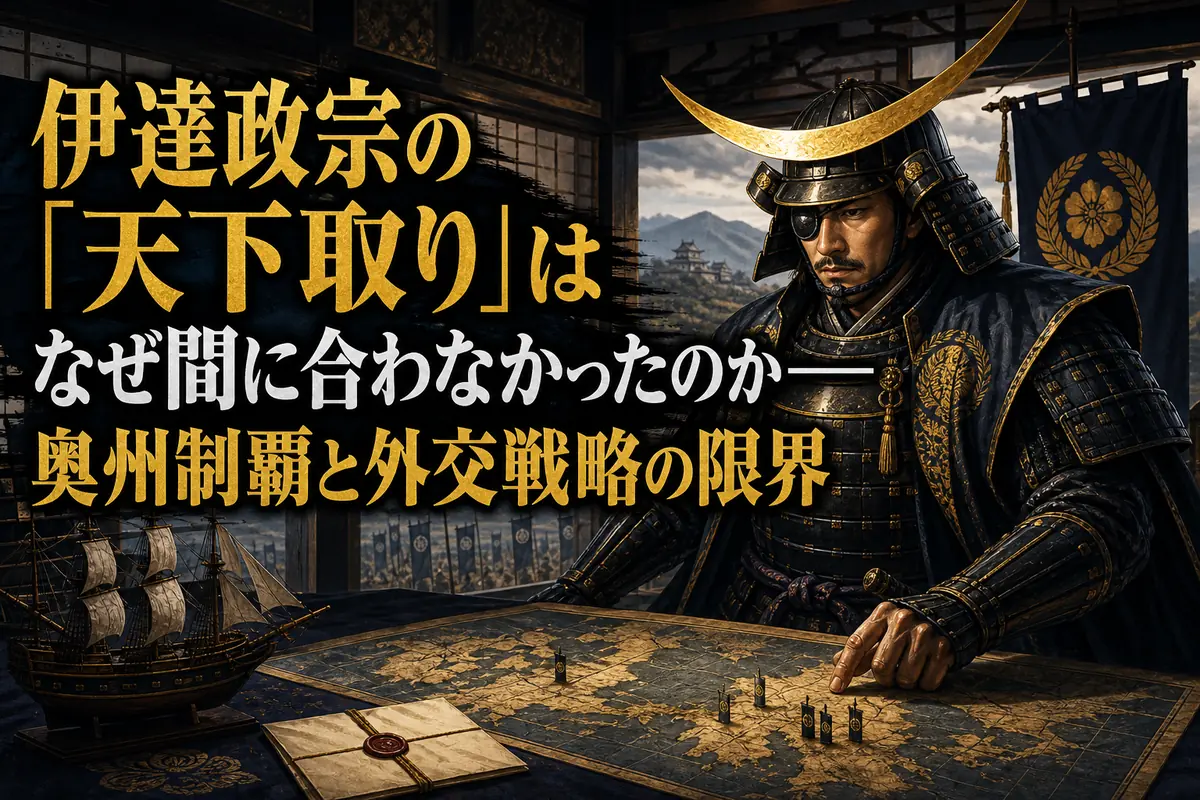 奥州の地図と外交文書を前に戦略を練る伊達政宗。