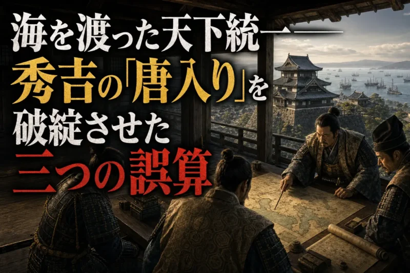 肥前名護屋城から海の向こうを望み、地図を検討する武将たち。