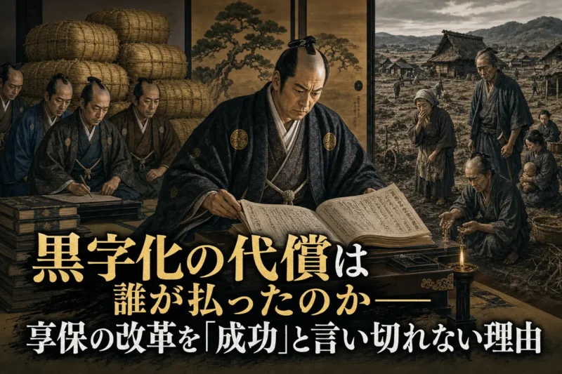 年貢米の帳簿を確認する徳川吉宗と農村の負担を対比した歴史画。