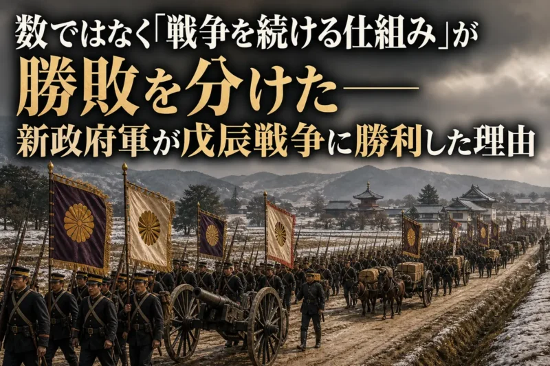 錦旗の下で洋式銃隊と補給部隊が連携する戊辰戦争の新政府軍。