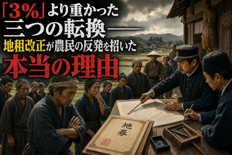地券と測量図を前に役人と農民が向き合う明治初期の農村。