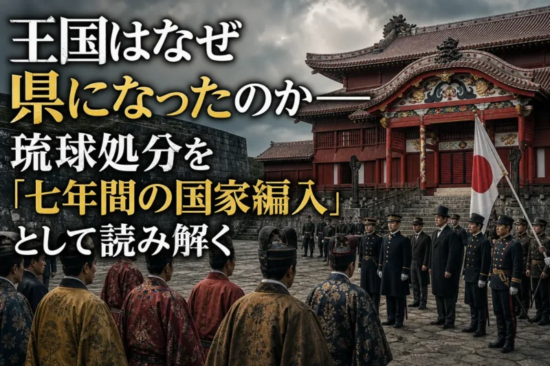 首里城で琉球王府と明治政府の役人が向き合う歴史的場面。