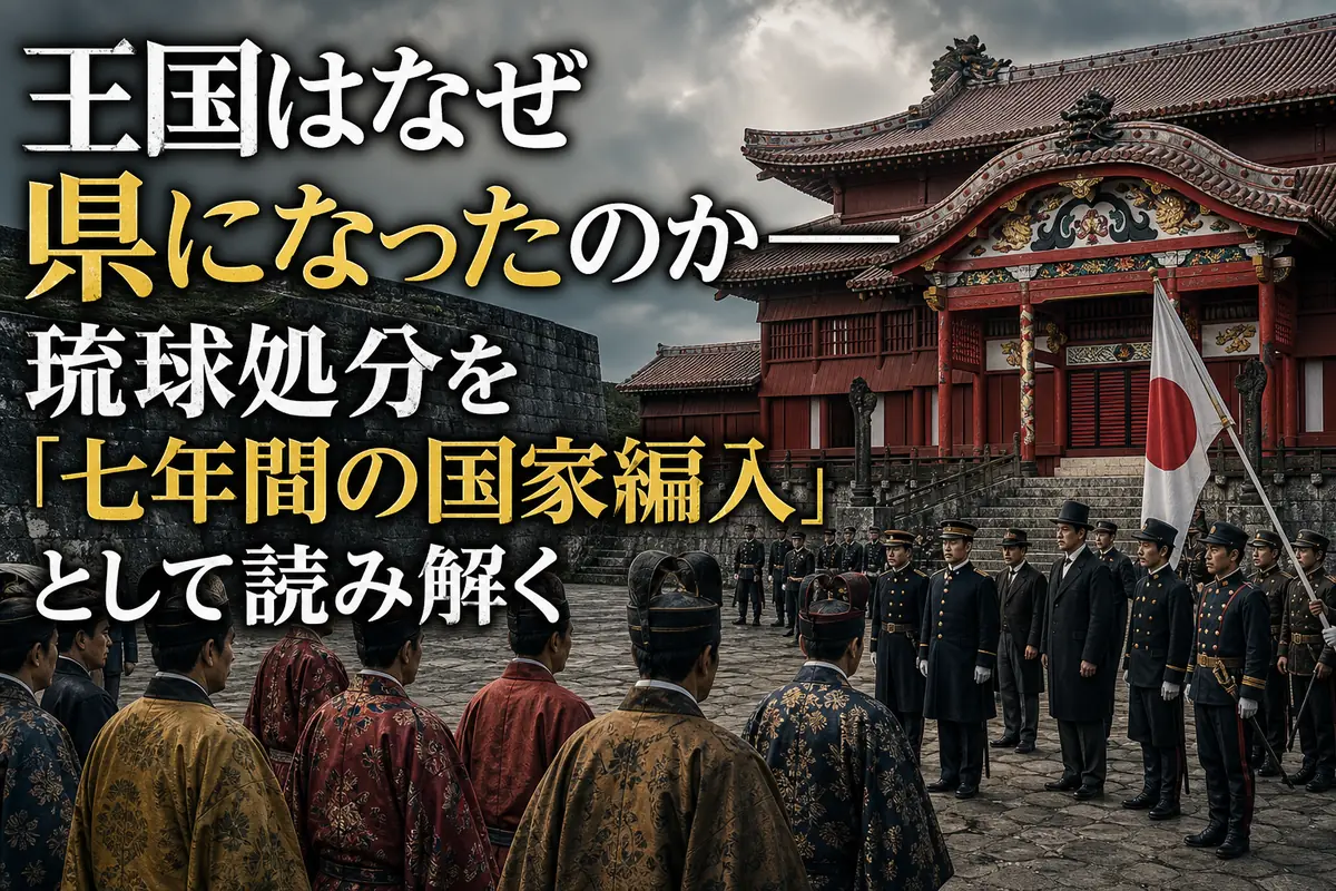 首里城で琉球王府と明治政府の役人が向き合う歴史的場面。