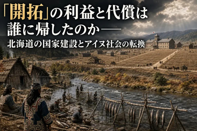 明治期の開拓地とアイヌ民族の生活圏が交差する北海道の風景。