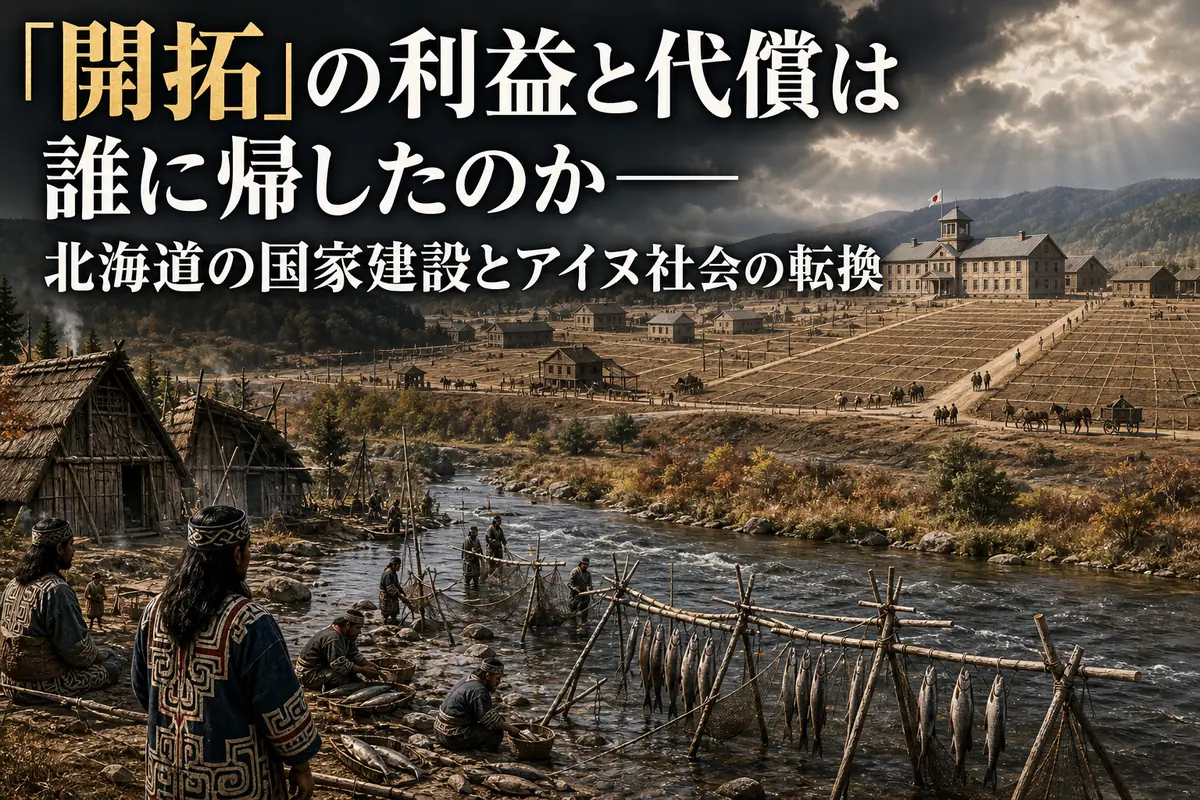 明治期の開拓地とアイヌ民族の生活圏が交差する北海道の風景。