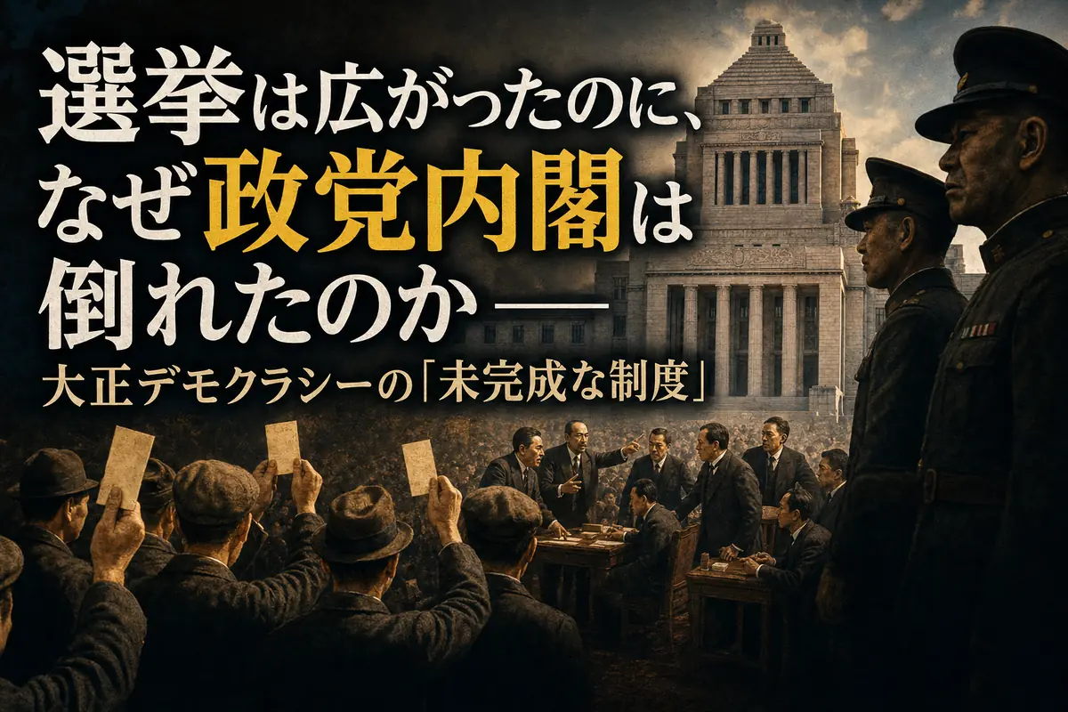 議会へ向かう有権者と、その外側に立つ軍人を描いた大正デモクラシーのイメージ。