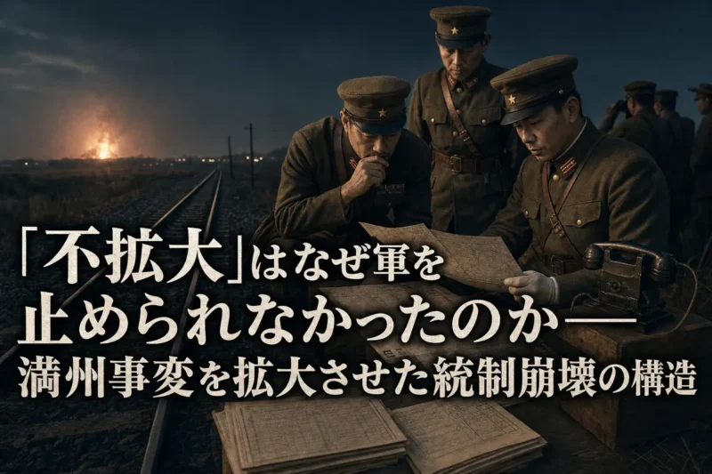 満州の鉄道線路と作戦地図を前に協議する関東軍将校を描いた歴史イメージ。