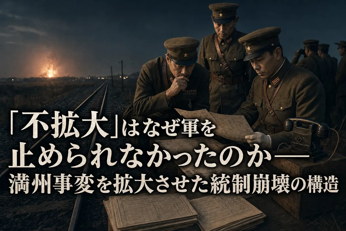 満州の鉄道線路と作戦地図を前に協議する関東軍将校を描いた歴史イメージ。