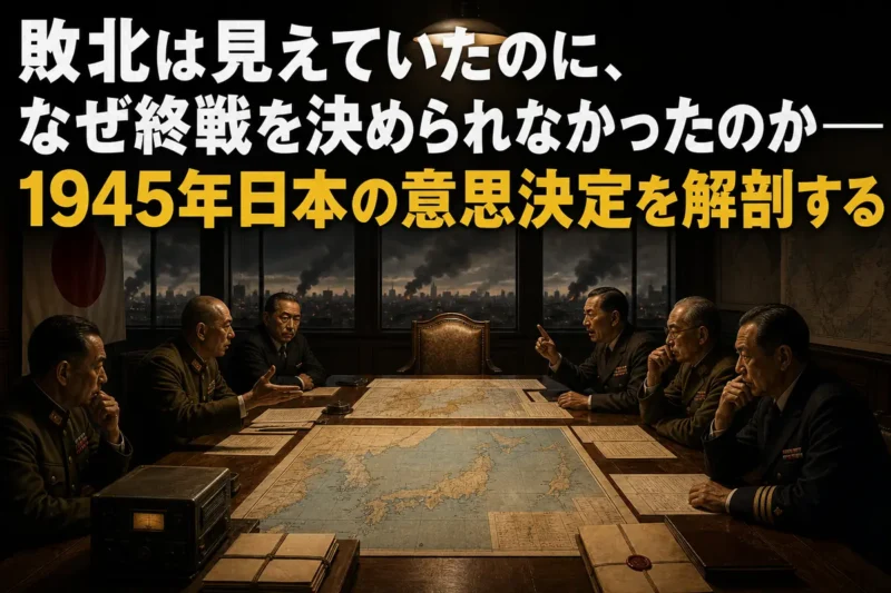 1945年夏、終戦判断をめぐり緊張する日本の政策会議を描いたイメージ。