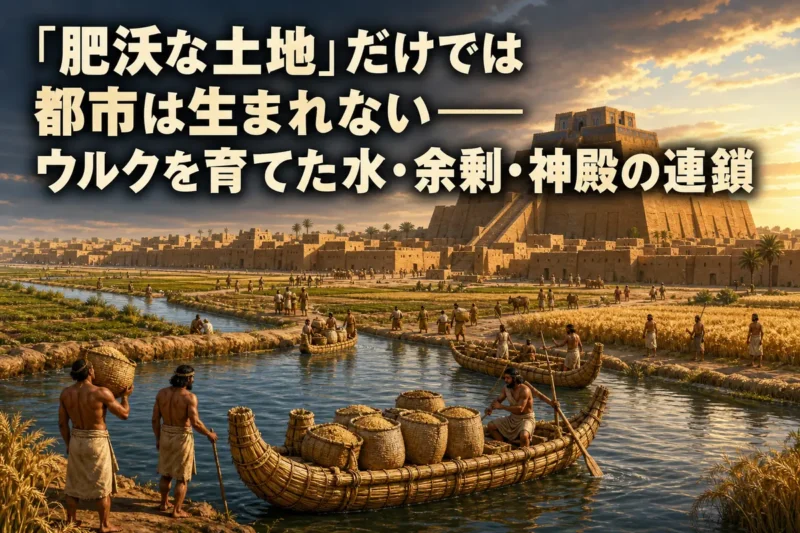運河と麦畑の先に日干し煉瓦の神殿都市ウルクが広がる復元風景。