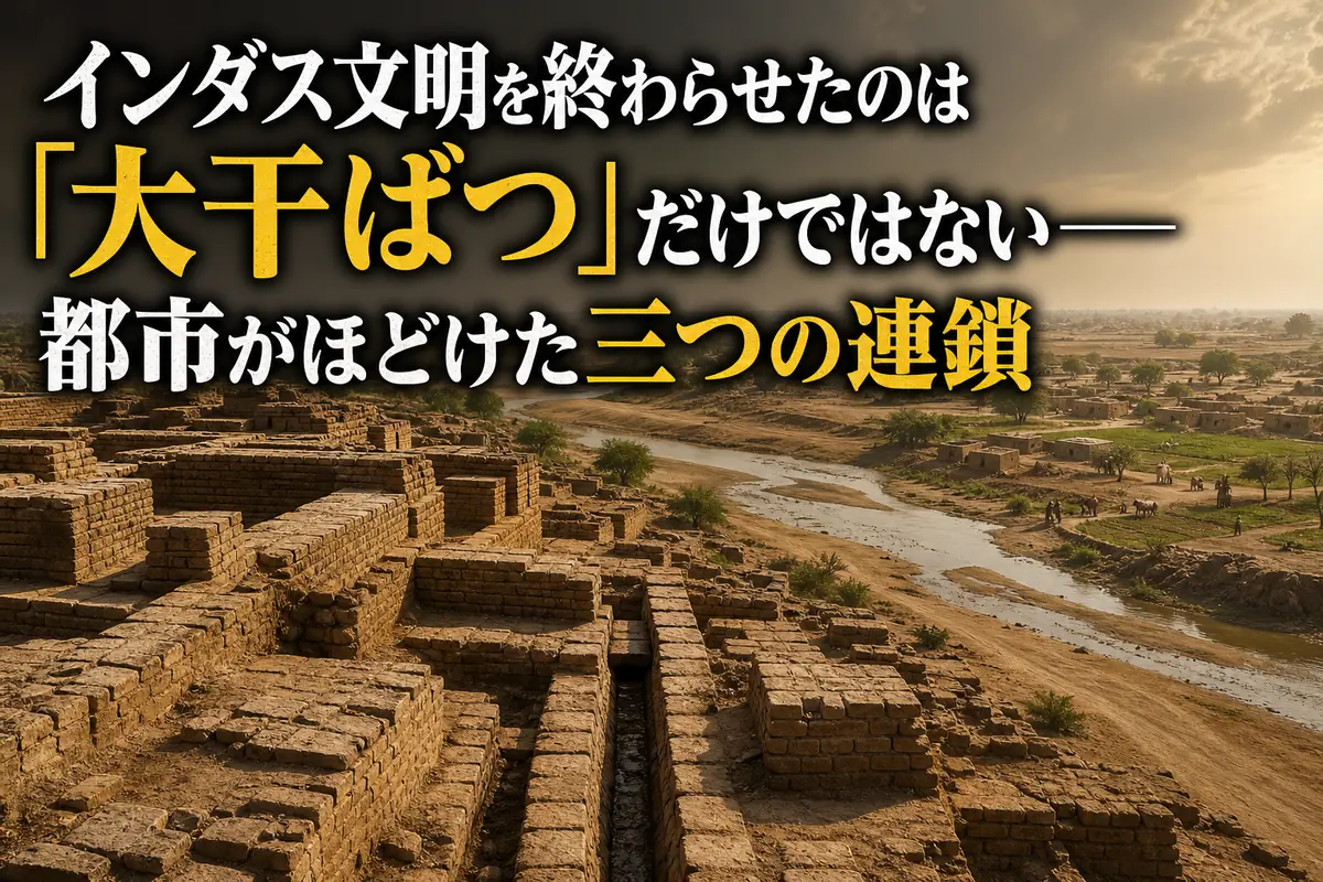 乾燥する河川とれんが造りの都市遺跡からインダス文明の変化を描いた景観。