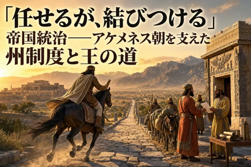 王の道を進む伝令と地方行政の拠点を描いたアケメネス朝の歴史イメージ。