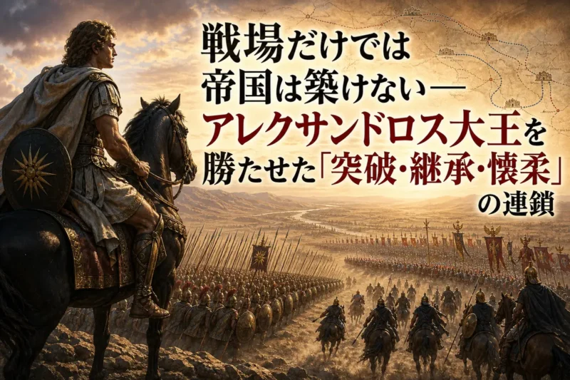 マケドニア軍の陣形と広大な戦場を見渡すアレクサンドロス大王。
