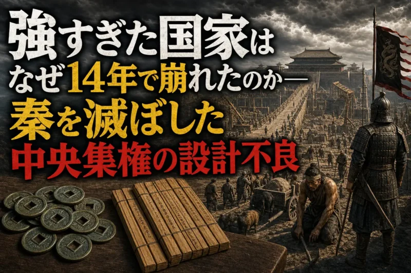 巨大な宮殿と道路の陰で兵士や労働者が動員される秦帝国の情景。