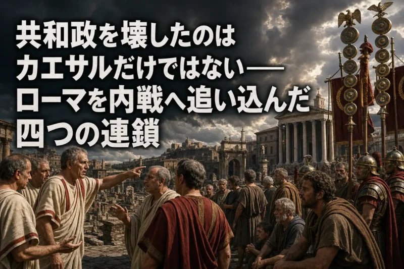 政治対立と軍事力の狭間で揺れる末期ローマ共和政の情景。