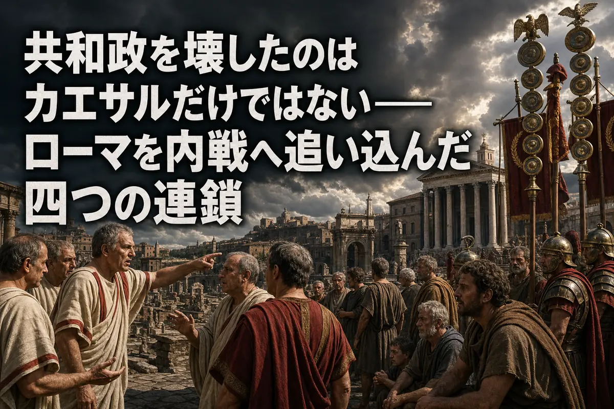政治対立と軍事力の狭間で揺れる末期ローマ共和政の情景。