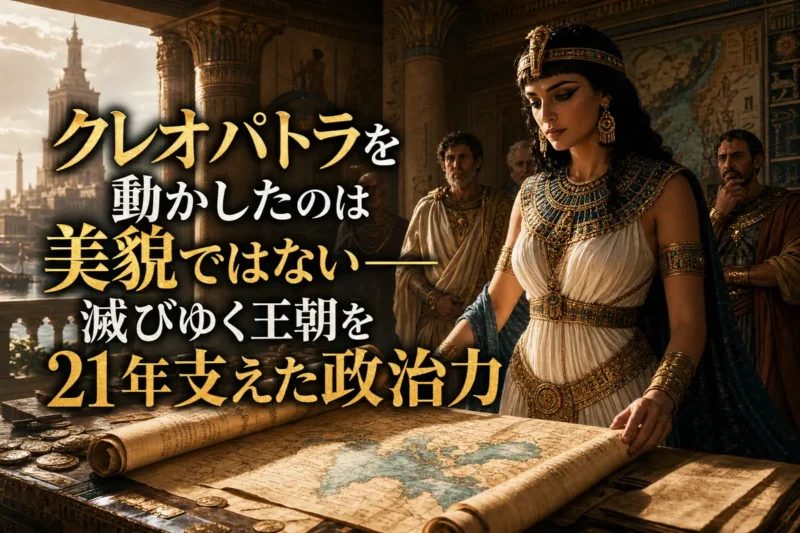 外交文書と地中海の地図を前に政務を執るクレオパトラ7世。