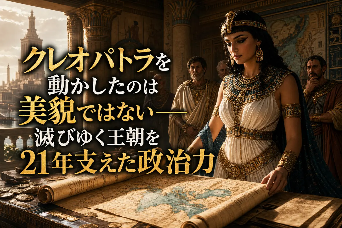 外交文書と地中海の地図を前に政務を執るクレオパトラ7世。