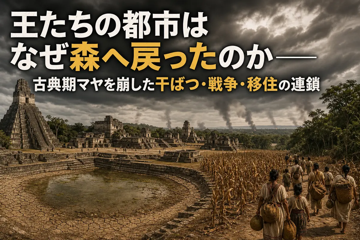 干上がった貯水池の向こうに古典期マヤの都市と移住する人々が見える情景。
