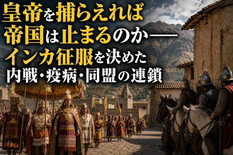 アンデス山中のカハマルカで対峙するインカの一行とスペイン遠征隊。