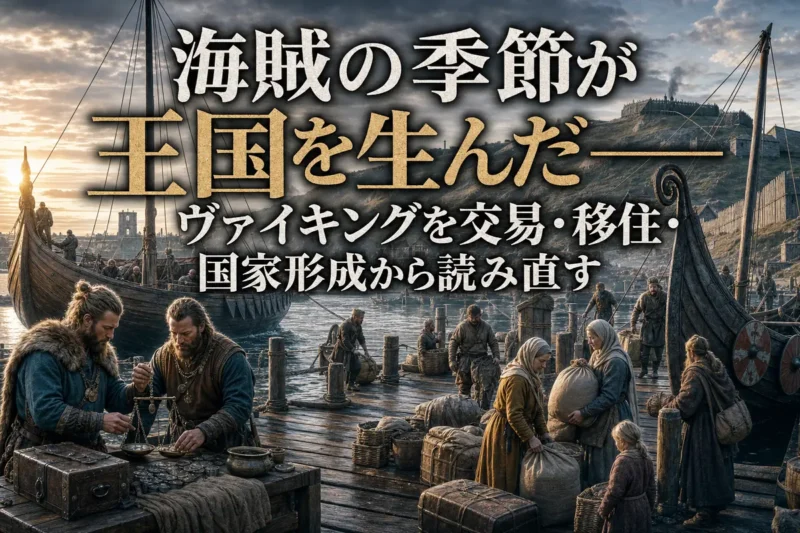交易船と軍船が停泊するヴァイキング時代の港町。