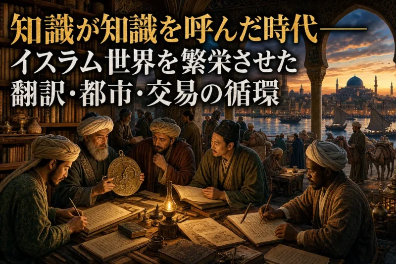 書物と天文器具を囲む学者たちと交易で栄える中世バグダードの様子。