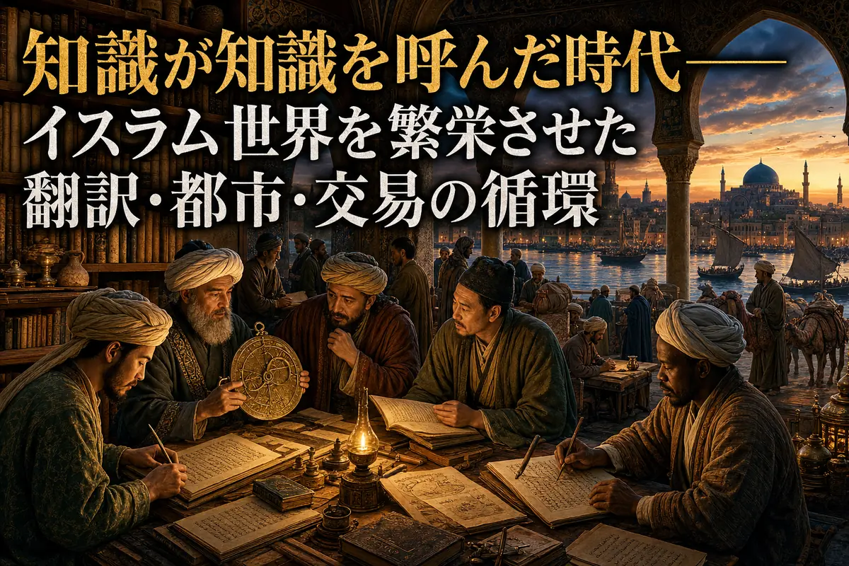 書物と天文器具を囲む学者たちと交易で栄える中世バグダードの様子。