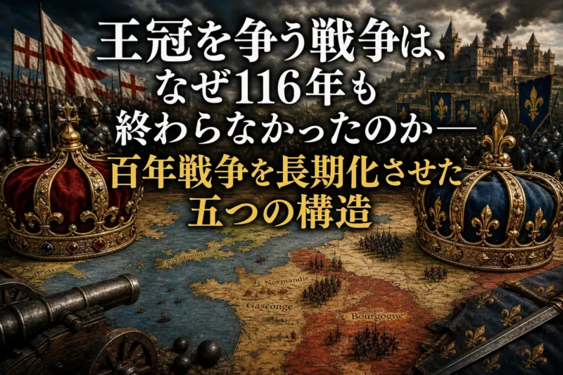 王冠と中世フランスの地図を挟んで対峙する英仏両軍。