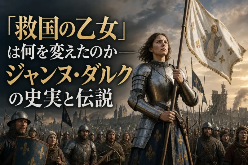 オルレアン城外で旗を掲げるジャンヌ・ダルクとフランス兵。