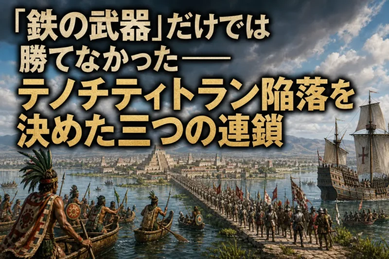 湖上都市テノチティトランを包囲するスペイン・先住民連合軍と守備側を描いた歴史イメージ。