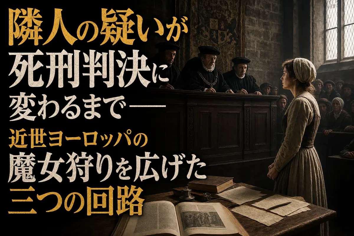 近世ヨーロッパの法廷で魔女裁判に臨む女性と裁判官たち。