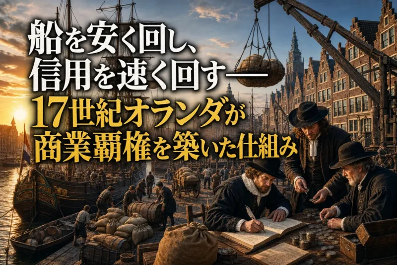 17世紀アムステルダムの港で商船と商人が交易を進める様子。
