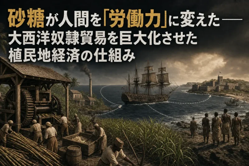 砂糖農園と奴隷船、アフリカ沿岸を結ぶ大西洋交易の構造を描いた歴史画。