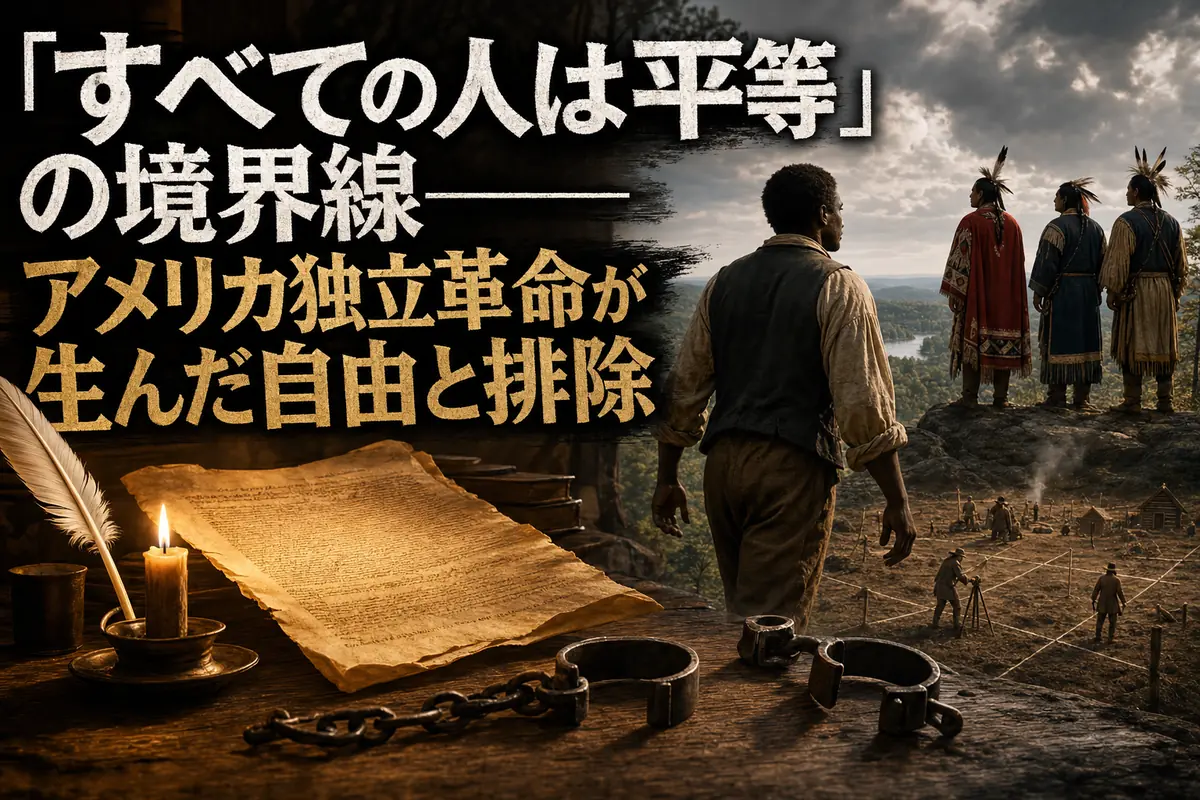 独立宣言の理念と奴隷制・先住民領の矛盾を象徴する18世紀アメリカの情景。