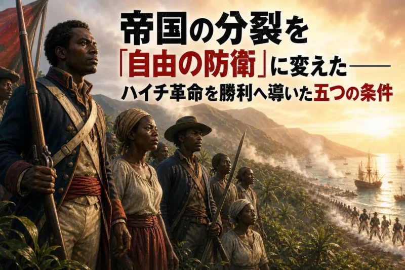 山地と海を背に結集するハイチ革命軍を描いた歴史画。