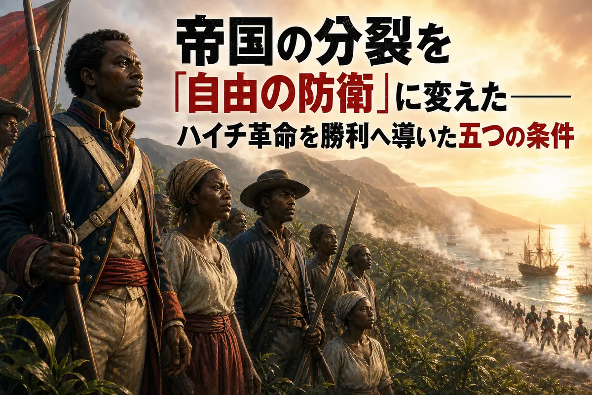 山地と海を背に結集するハイチ革命軍を描いた歴史画。