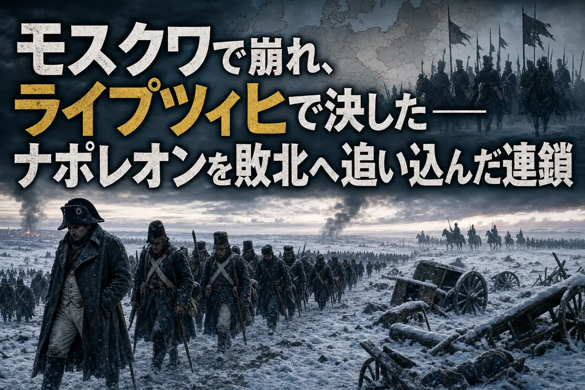 ロシアの雪原を退却するナポレオン軍と、背後で結集する対仏同盟軍を描いた歴史画。
